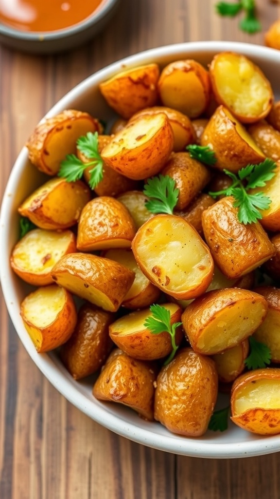 Crispy Air Fryer Roasted New Potatoes Recipe Crispy roasted new potatoes in a bowl, garnished with parsley, on a rustic table.